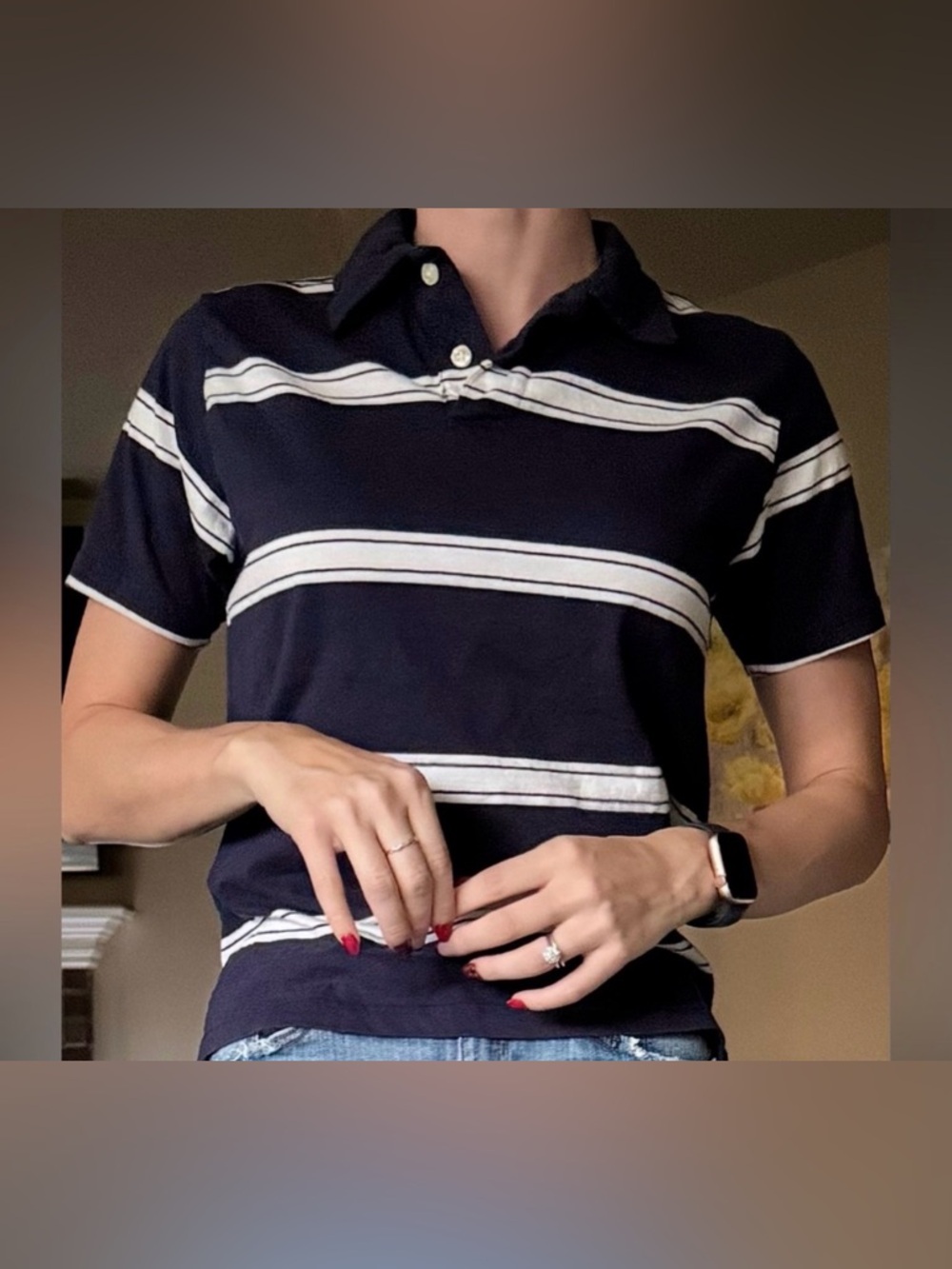 Navy Blue White Striped Polo Collared Seattle Cotton Shirt M